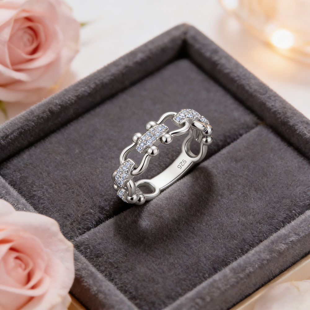 Moissanite Pavé Horseshoe Link Band Ring | Hardware Chain Stacker - Image 4