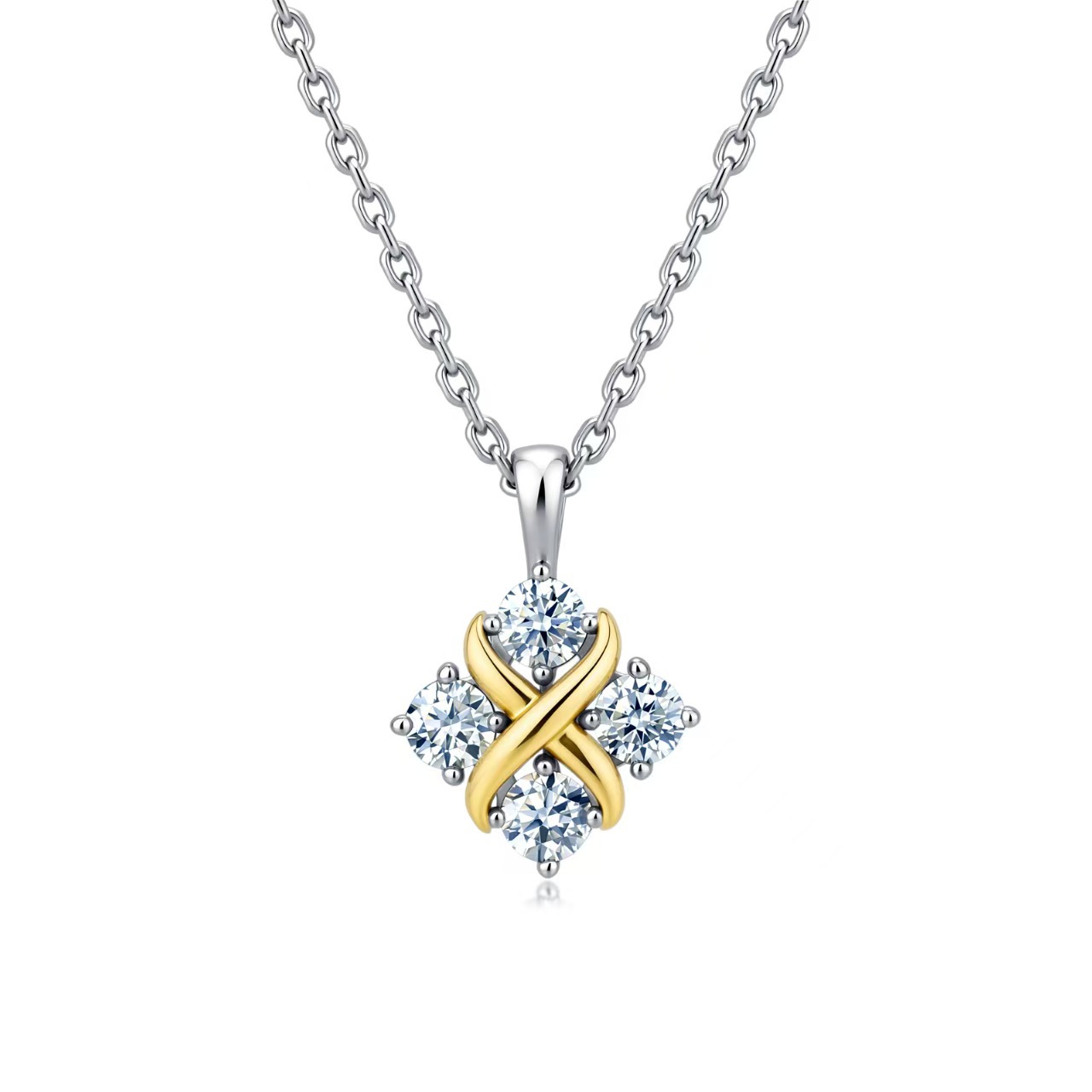 Two-Tone Moissanite X Kiss Cluster Pendant Necklace