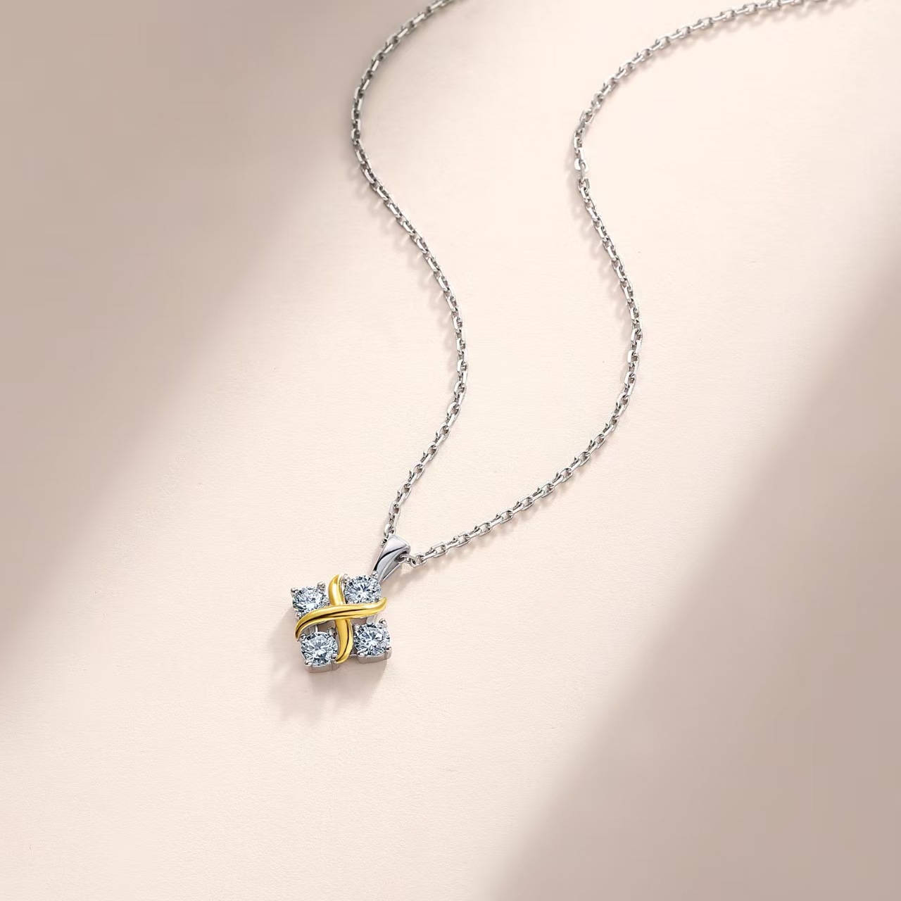 Two-Tone Moissanite X Kiss Cluster Pendant Necklace - Image 3