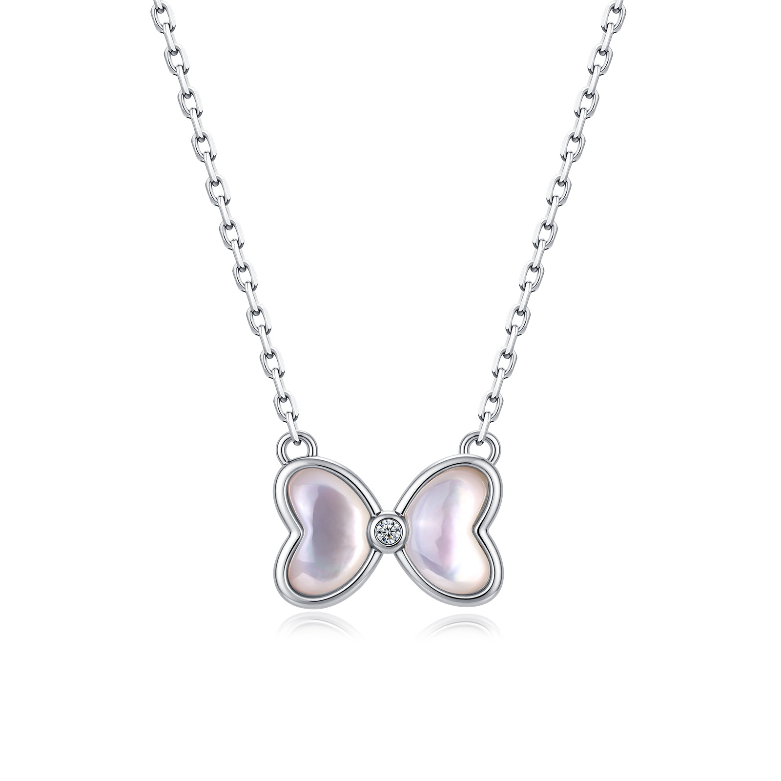 Moissanite Bow Necklace – Mother-of-Pearl, 925 Silver
