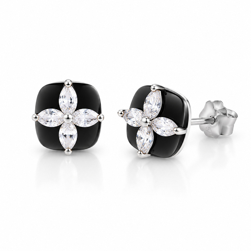 Marquise Moissanite Black Enamel Clover Stud Earrings – 0.4ct DEW Each