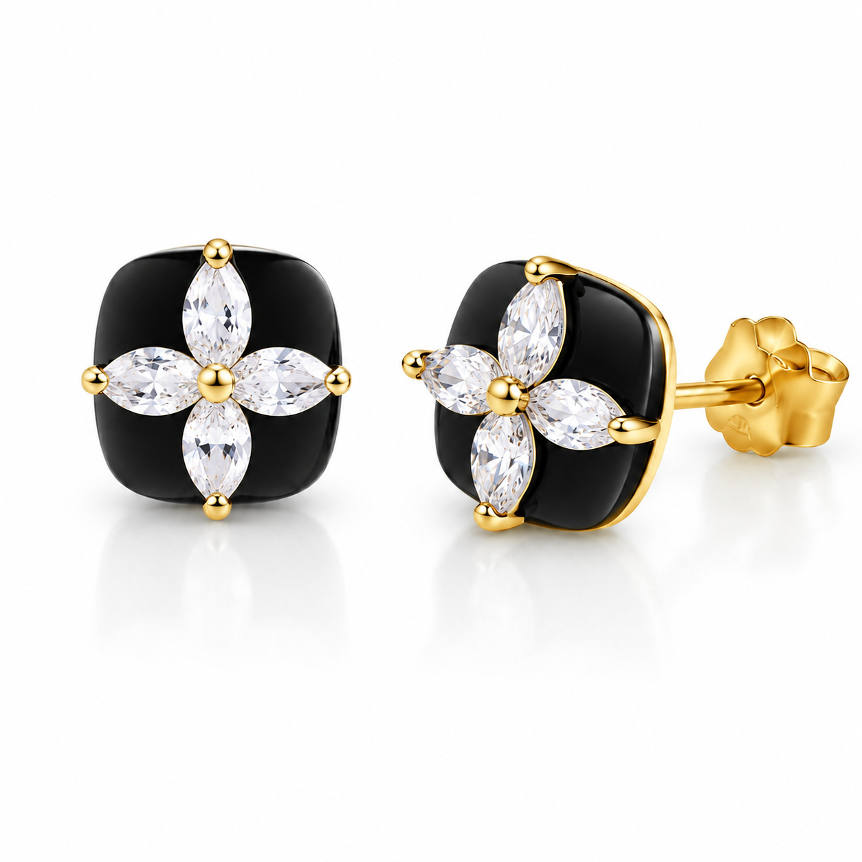 Marquise Moissanite Black Enamel Clover Stud Earrings – 0.4ct DEW Each - alternate view