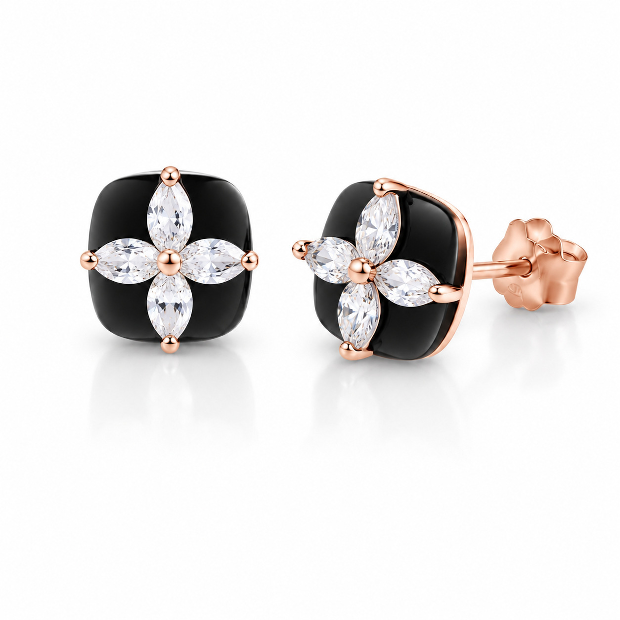 Marquise Moissanite Black Enamel Clover Stud Earrings – 0.4ct DEW Each - Image 4