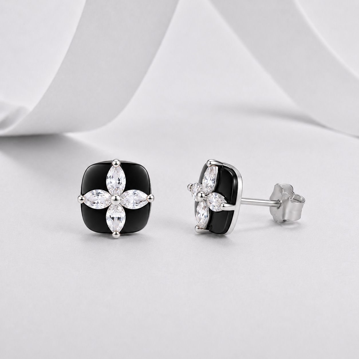 Marquise Moissanite Black Enamel Clover Stud Earrings – 0.4ct DEW Each - Image 5