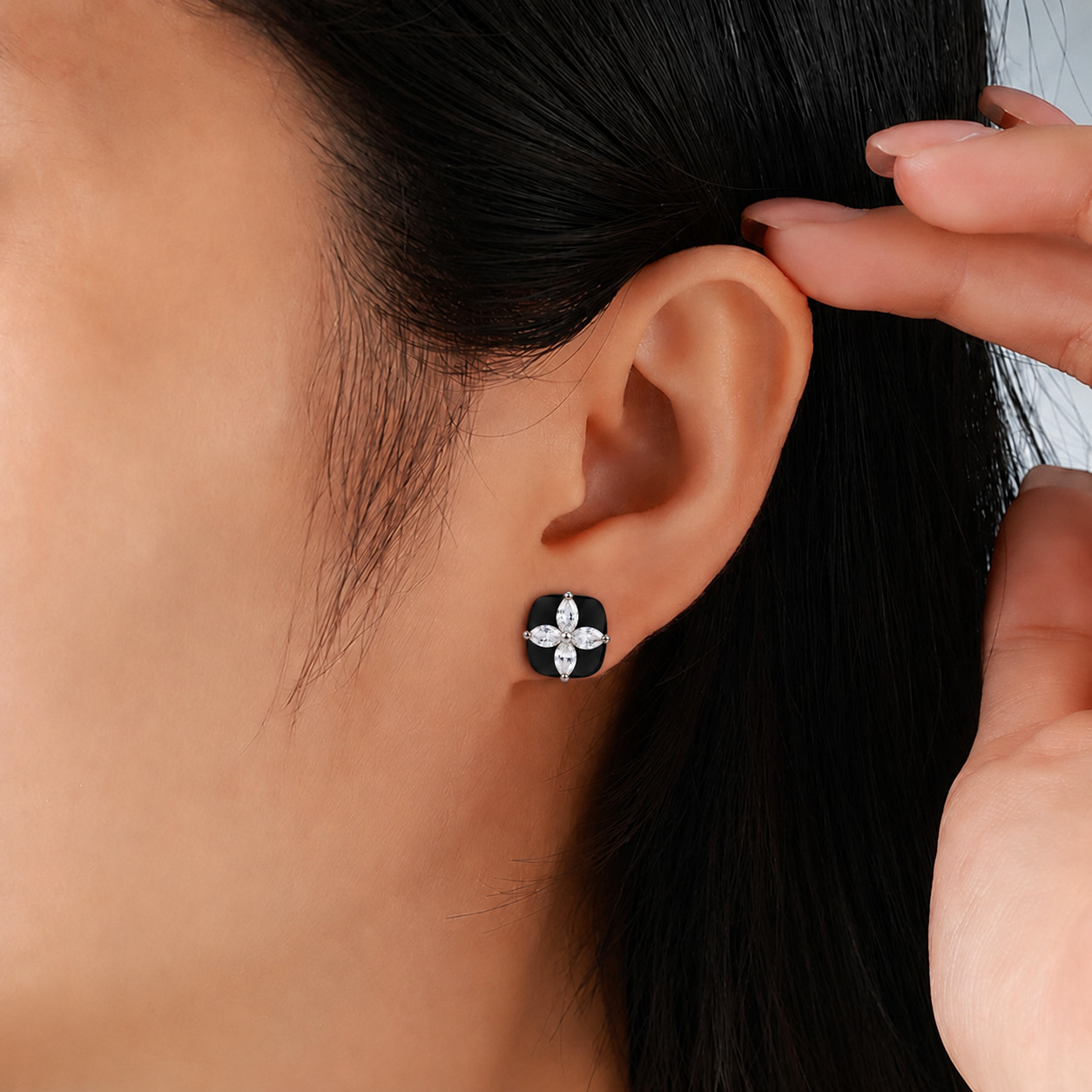 Marquise Moissanite Black Enamel Clover Stud Earrings – 0.4ct DEW Each - Image 6
