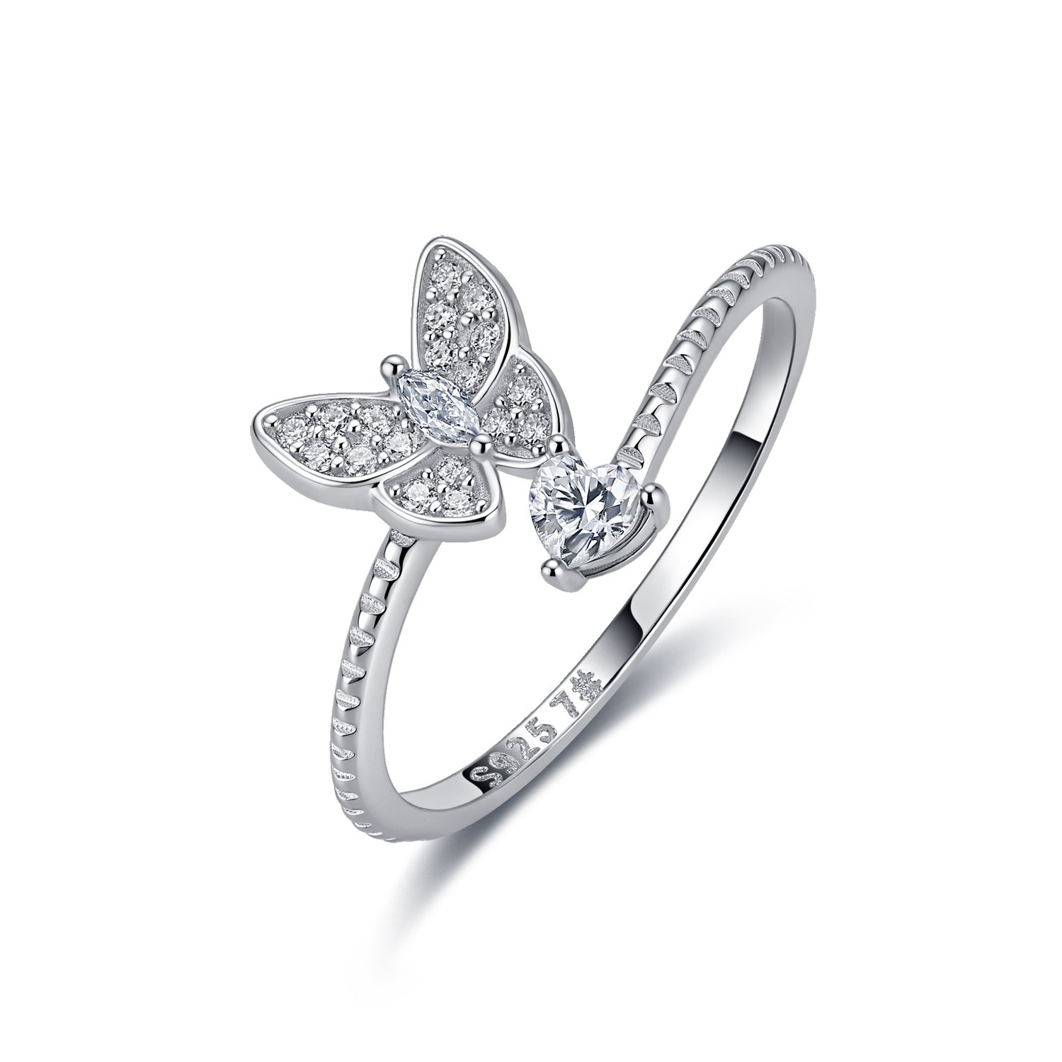 Moissanite Butterfly Bypass Ring – Heart Accent