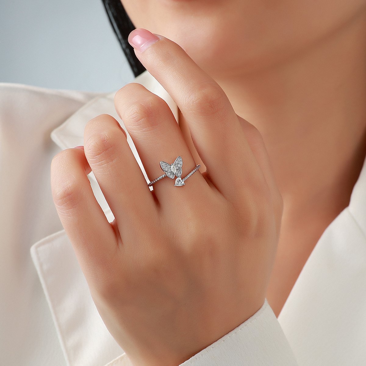 Moissanite Butterfly Bypass Ring – Heart Accent - Image 4