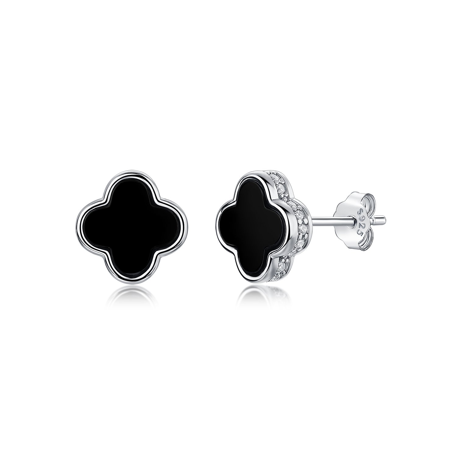 Black Onyx Clover Moissanite Stud Earrings – 0.08ct DEW Each