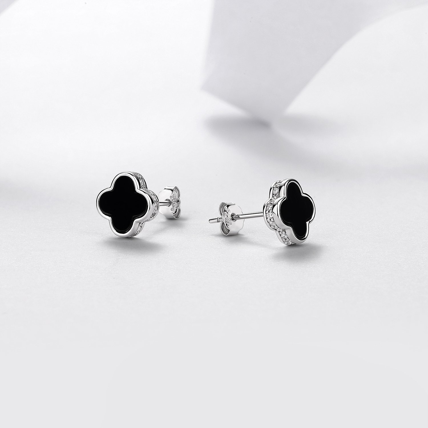 Black Onyx Clover Moissanite Stud Earrings – 0.08ct DEW Each - Image 2