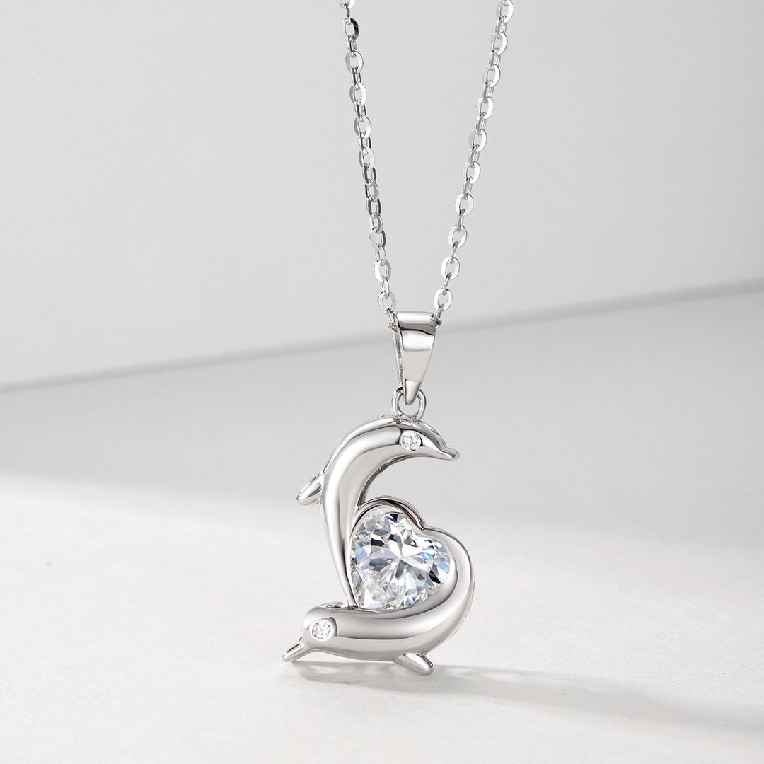 Heart Moissanite Dolphin Pendant Necklace – 1.2ct DEW - alternate view