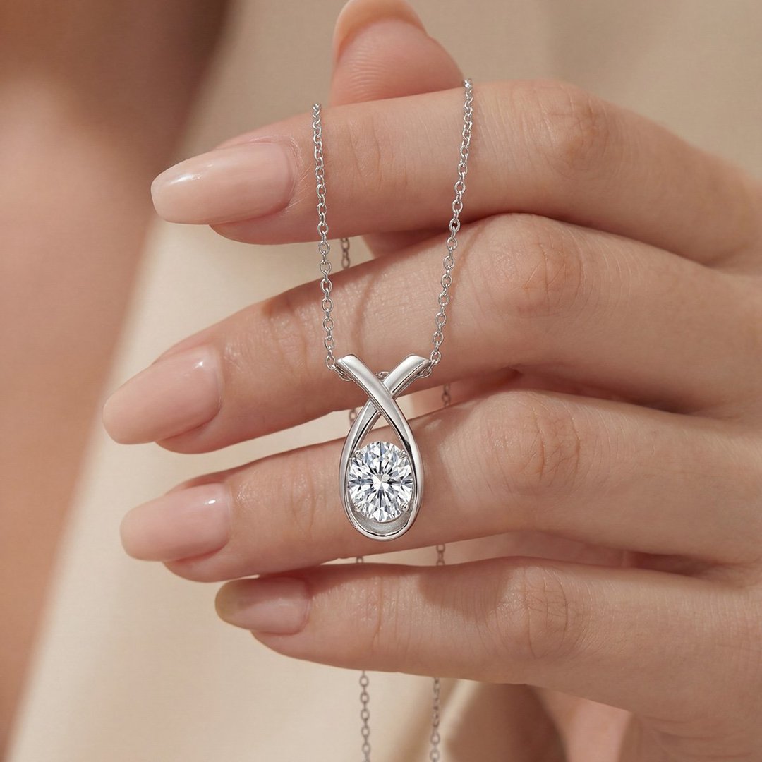 Oval Moissanite Crossover Pendant Necklace – 0.75ct DEW - Image 3