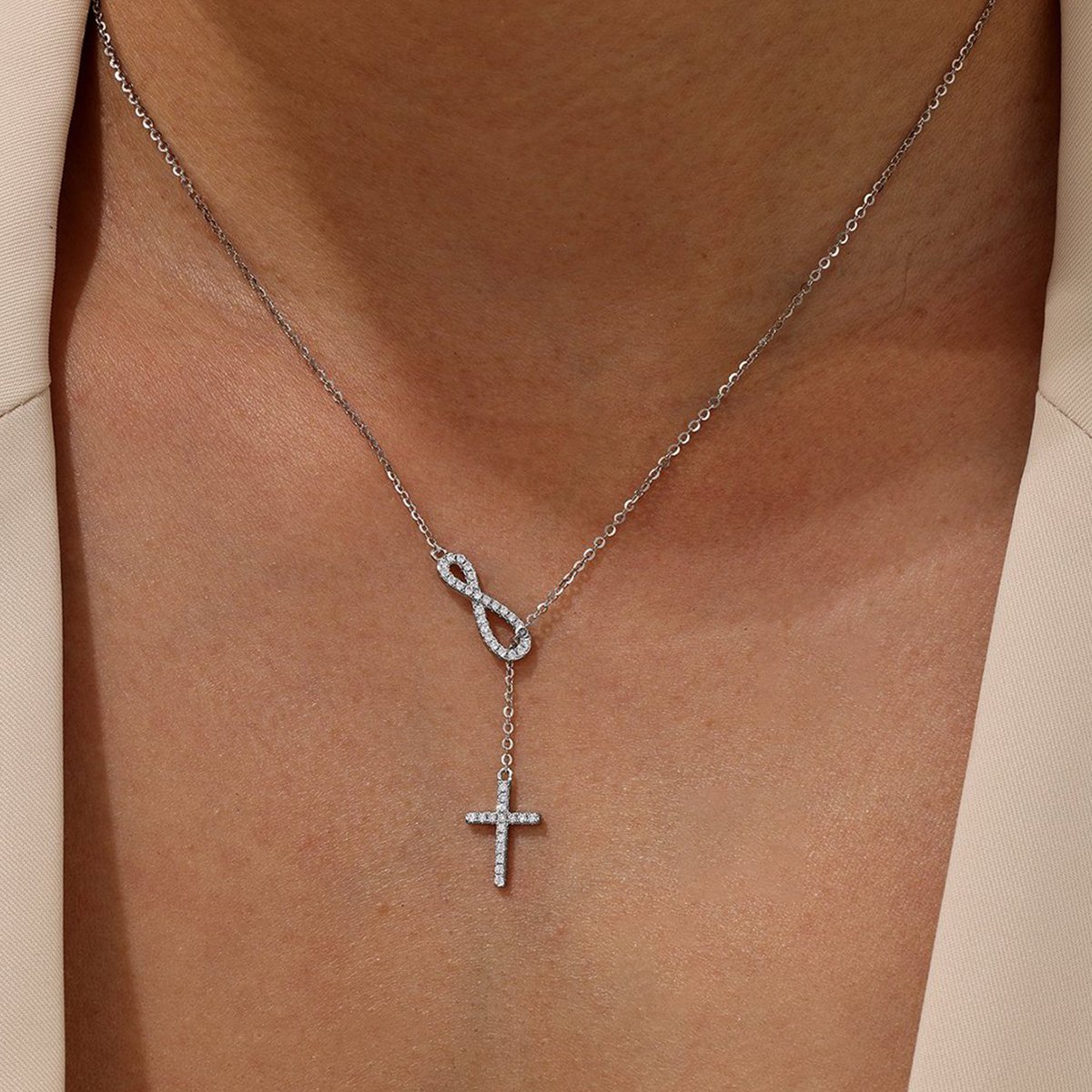Moissanite Infinity Cross Lariat Necklace – 925 Silver - Image 5