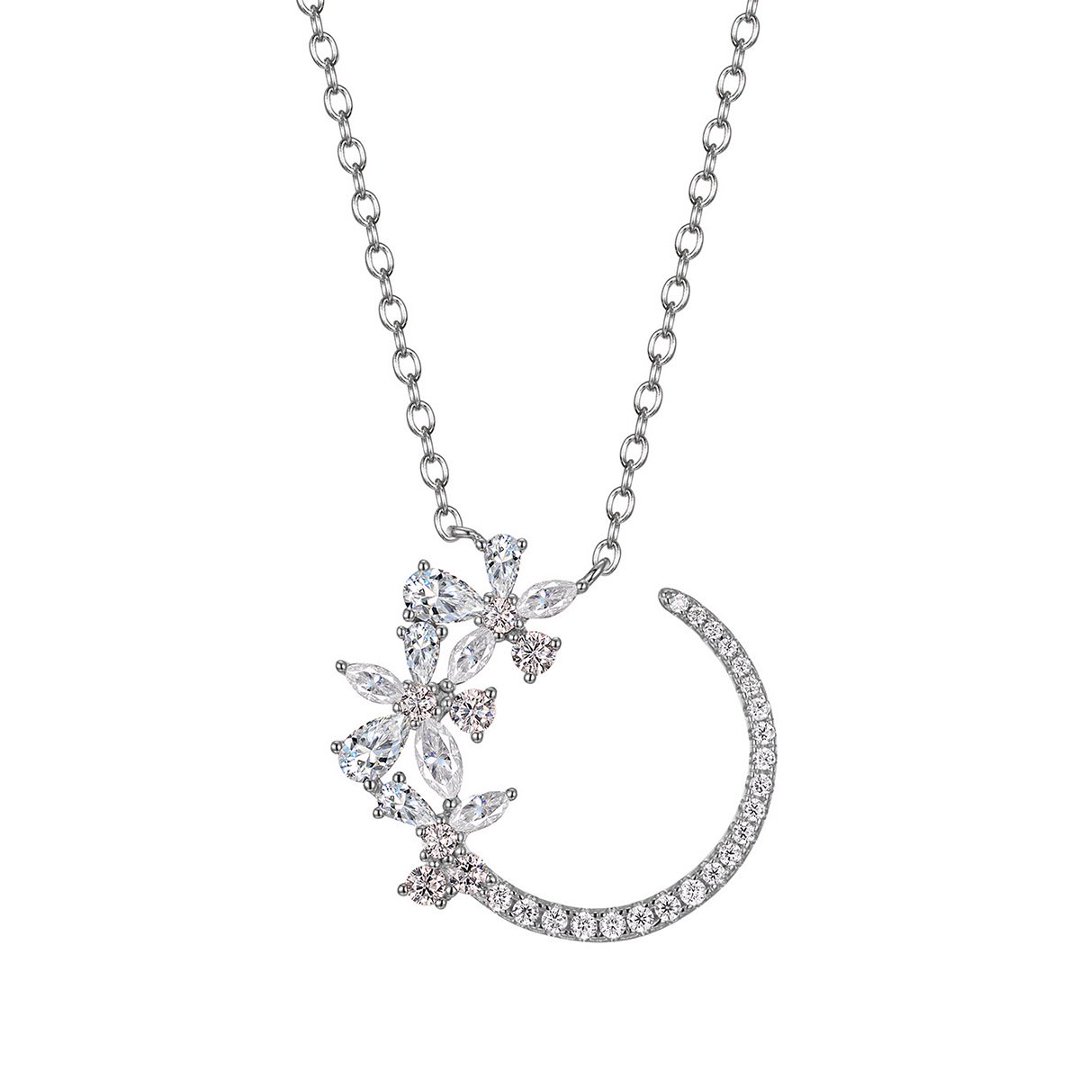 Moissanite Crescent Moon Flower Necklace – 1.5ct DEW