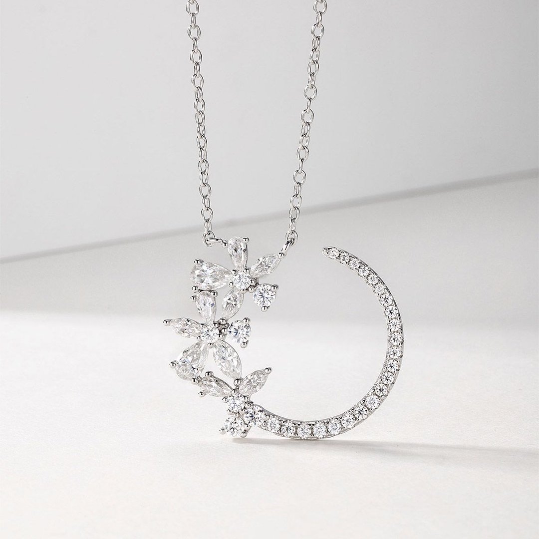 Moissanite Crescent Moon Flower Necklace – 1.5ct DEW - alternate view