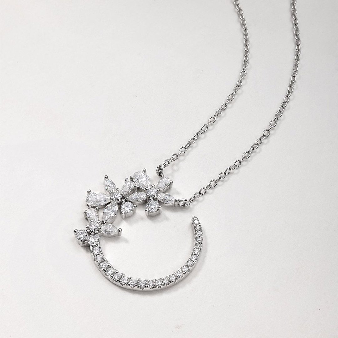 Moissanite Crescent Moon Flower Necklace – 1.5ct DEW - Image 3
