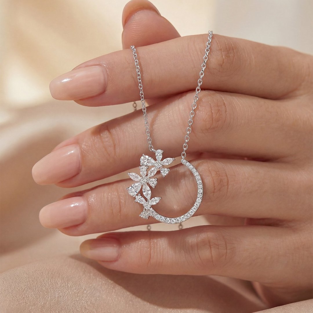 Moissanite Crescent Moon Flower Necklace – 1.5ct DEW - Image 4
