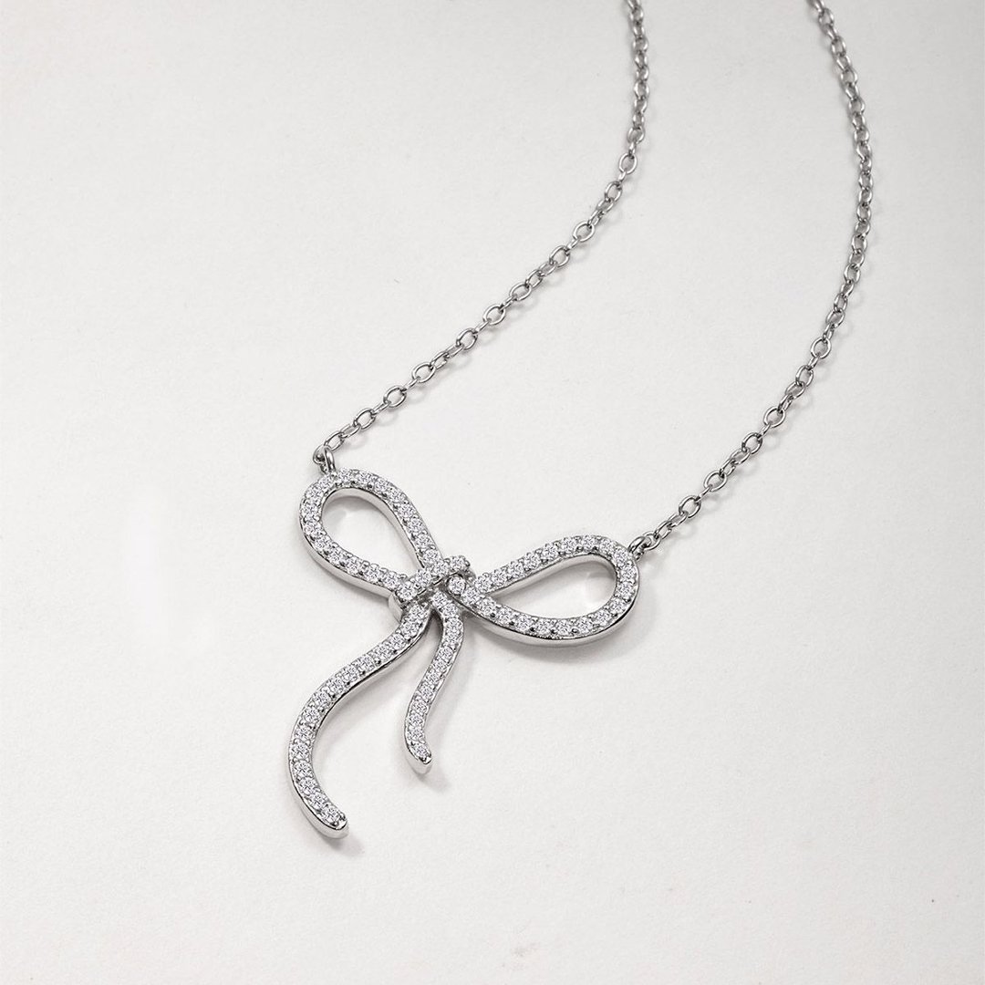 Moissanite Bow Necklace – 0.6ct DEW Pavé Ribbon - Image 3