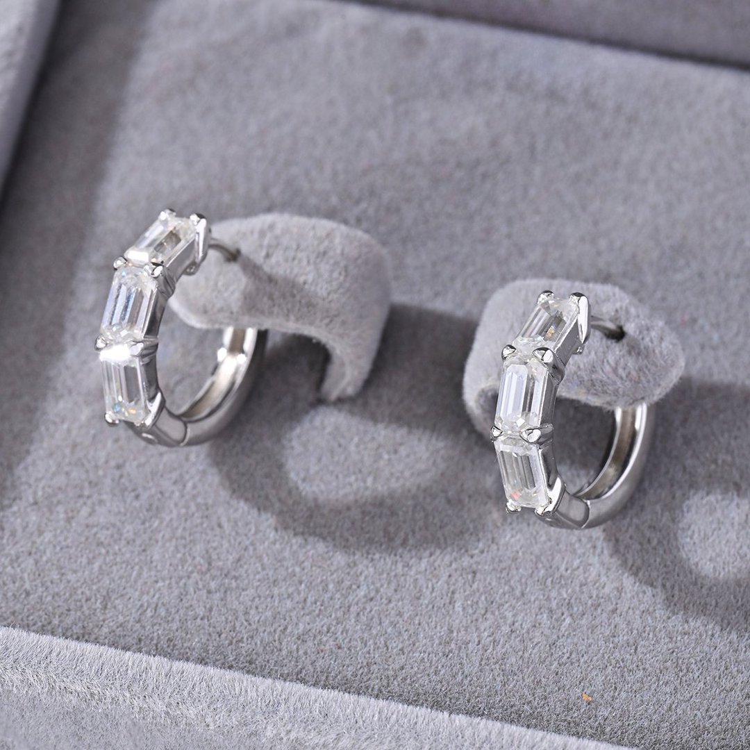 Emerald-Cut Moissanite Huggie Hoop Earrings – 1.5ct DEW Each - alternate view