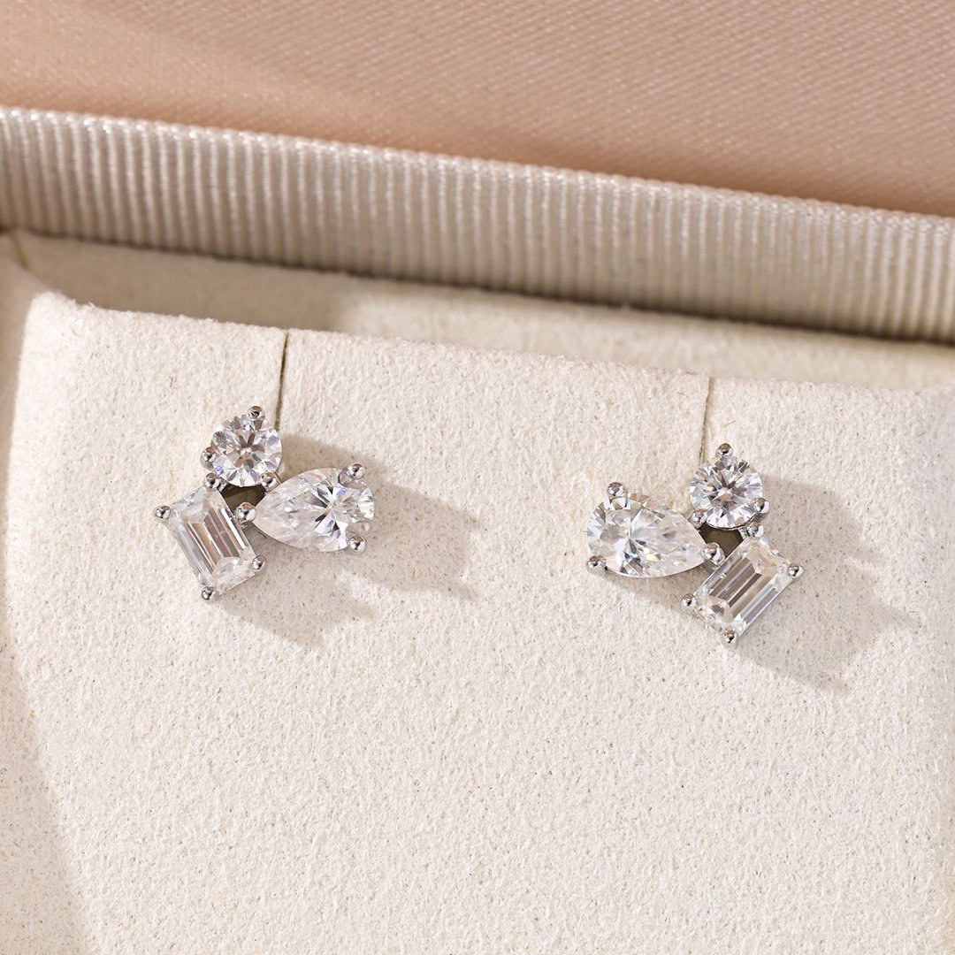 Mixed-Cut Moissanite Cluster Stud Earrings – 1.2ct DEW Each - alternate view