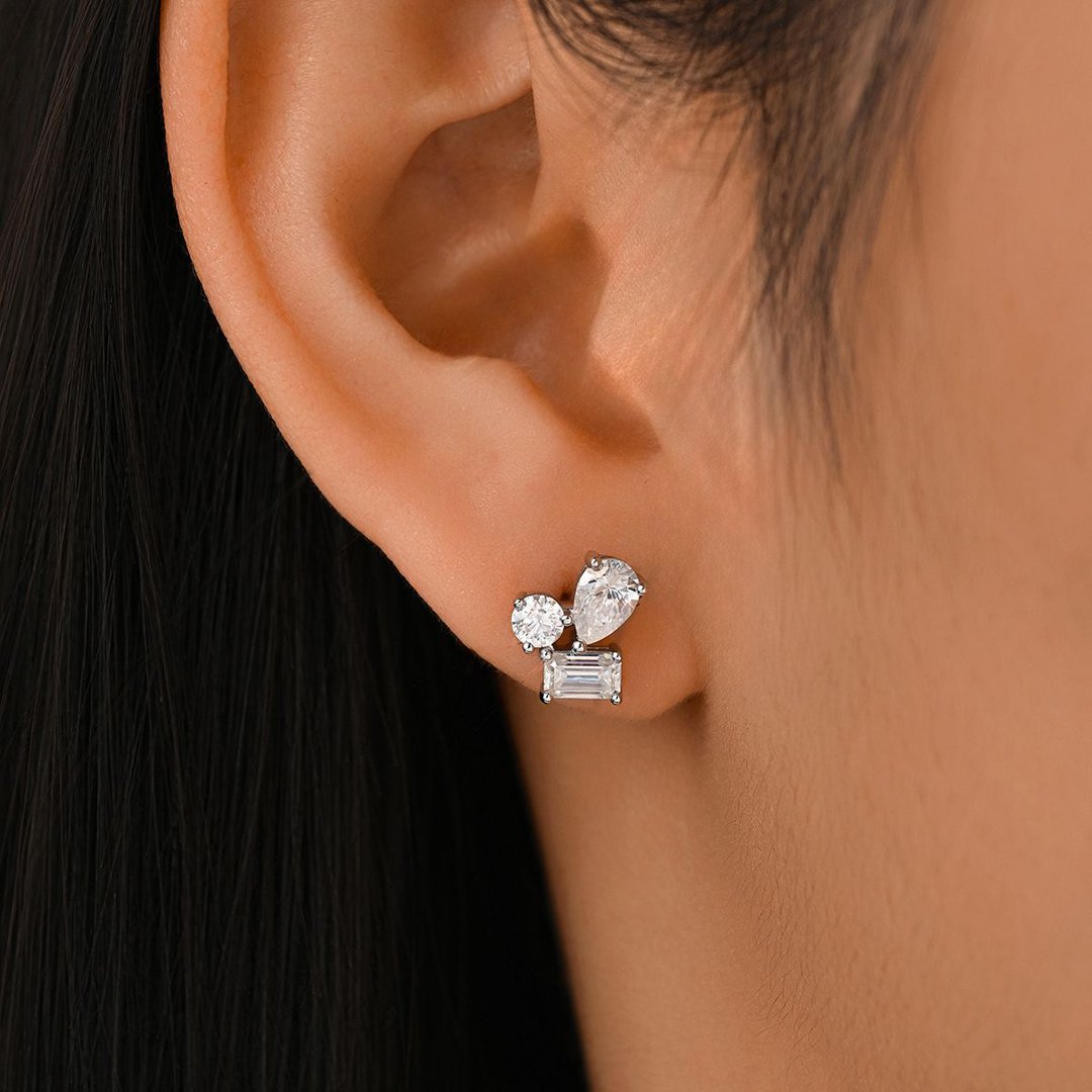 Mixed-Cut Moissanite Cluster Stud Earrings – 1.2ct DEW Each - Image 3
