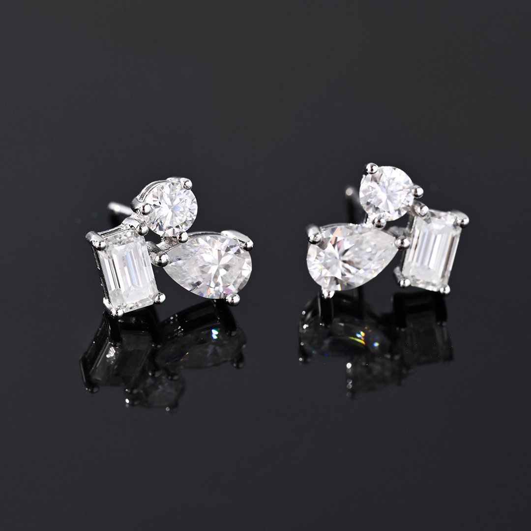 Mixed-Cut Moissanite Cluster Stud Earrings – 1.2ct DEW Each - Image 4