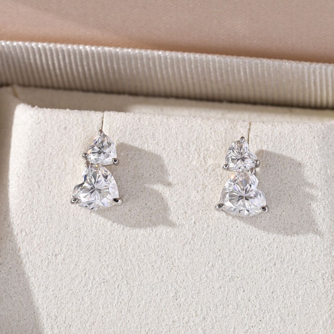 Double Heart Moissanite Stud Earrings – 1.4ct DEW Each - alternate view
