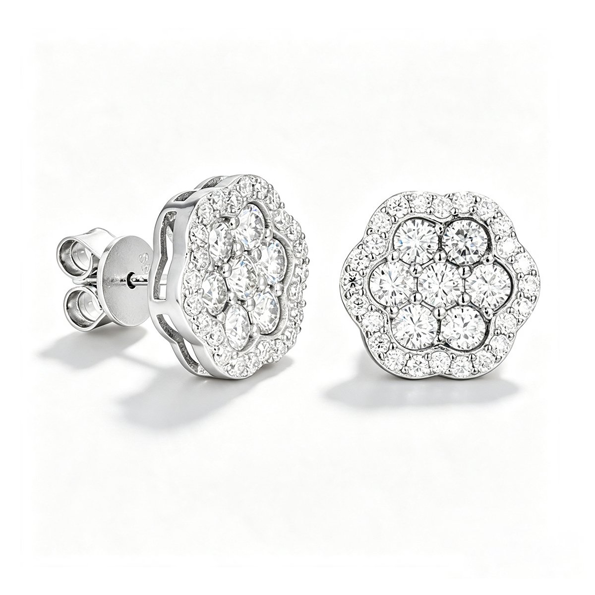 Round Moissanite Flower Cluster Halo Stud Earrings – 1ct DEW Each