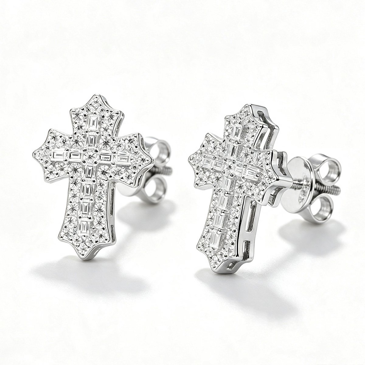 Baguette Moissanite Pavé Cross Stud Earrings – 0.4ct DEW Each