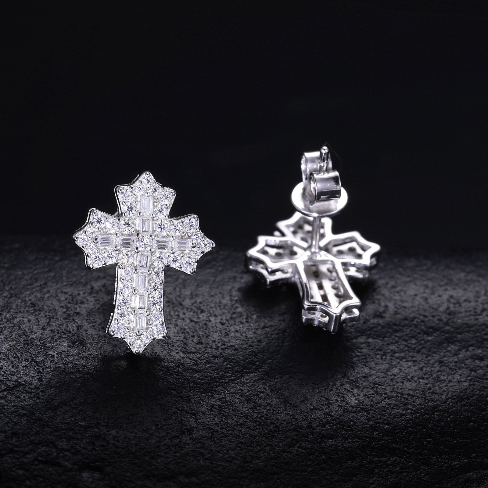 Baguette Moissanite Pavé Cross Stud Earrings – 0.4ct DEW Each - Image 5