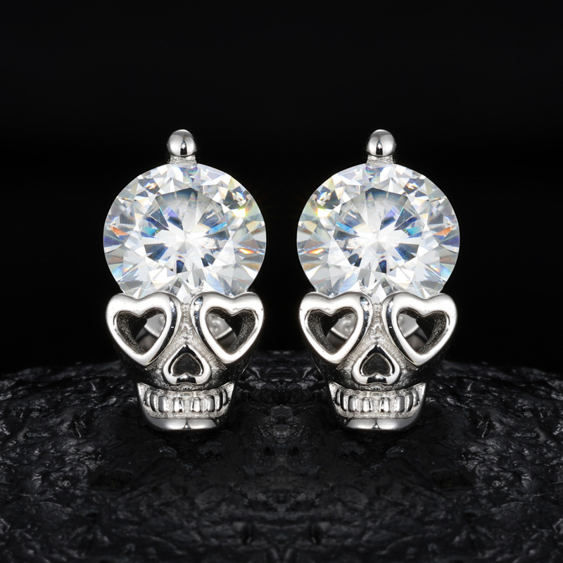 Round Moissanite Skull Stud Earrings – 1ct DEW Each - Image 4