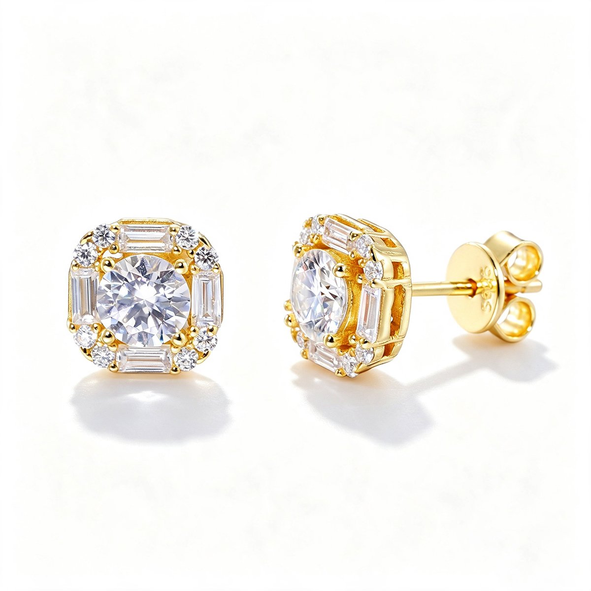 Round Moissanite Baguette Halo Stud Earrings – 0.75ct DEW Each