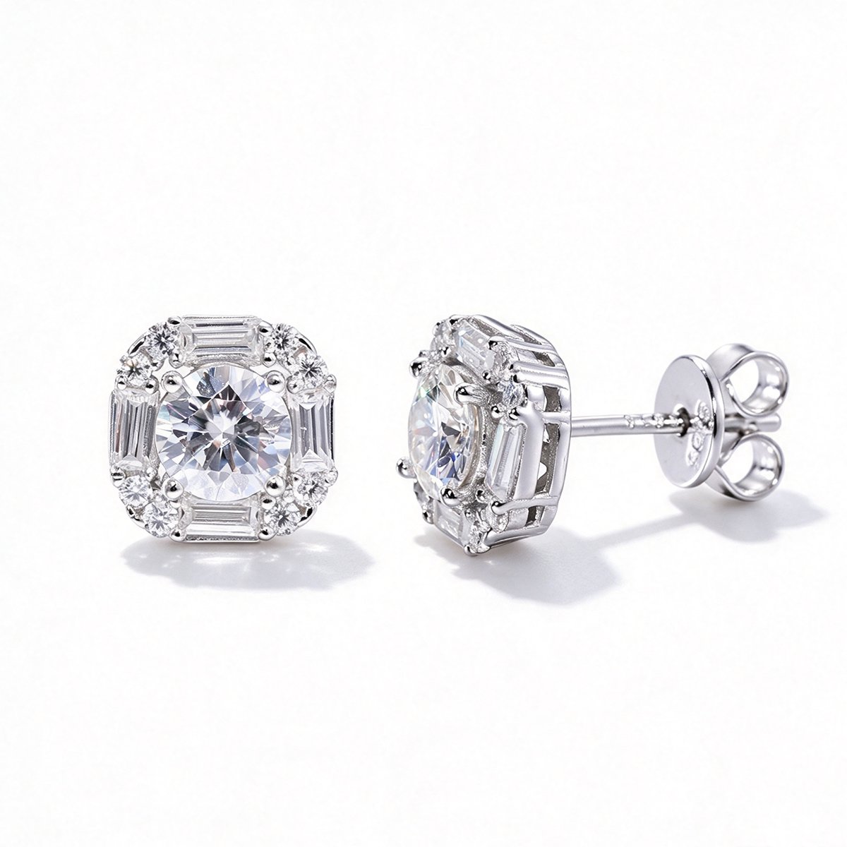 Round Moissanite Baguette Halo Stud Earrings – 0.75ct DEW Each - Image 3