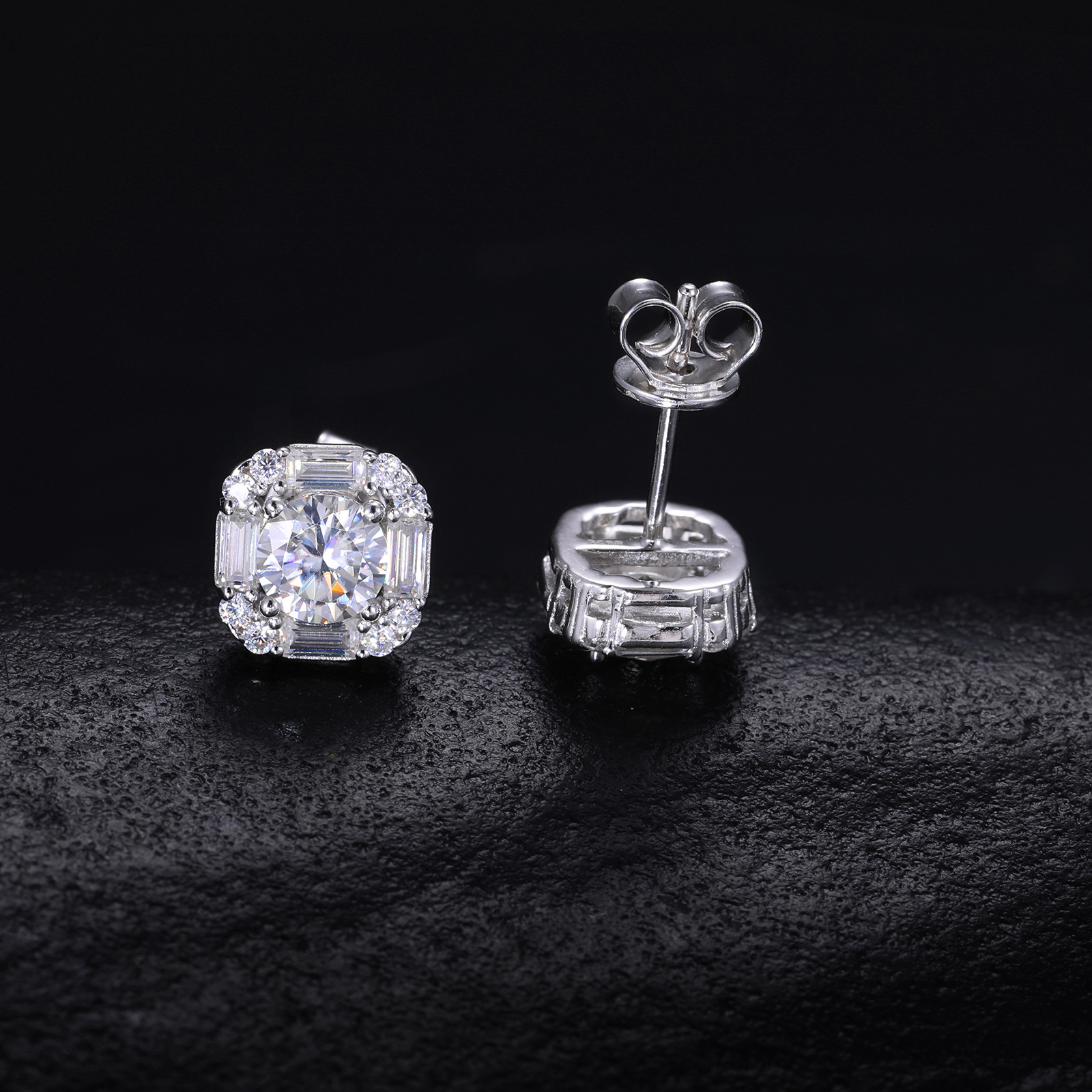 Round Moissanite Baguette Halo Stud Earrings – 0.75ct DEW Each - Image 5