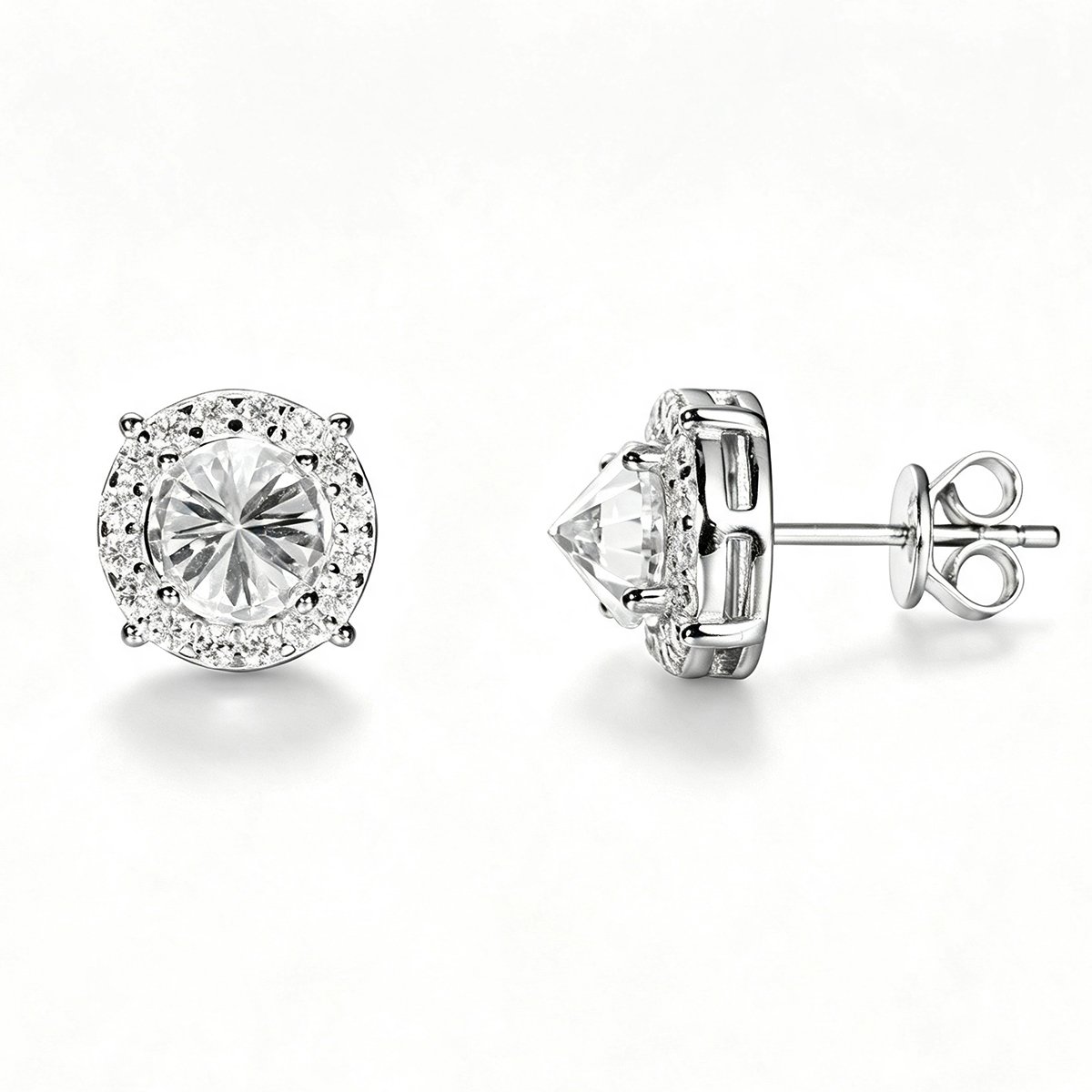 Inverted Round Moissanite Halo Stud Earrings – 1.24ct DEW Each