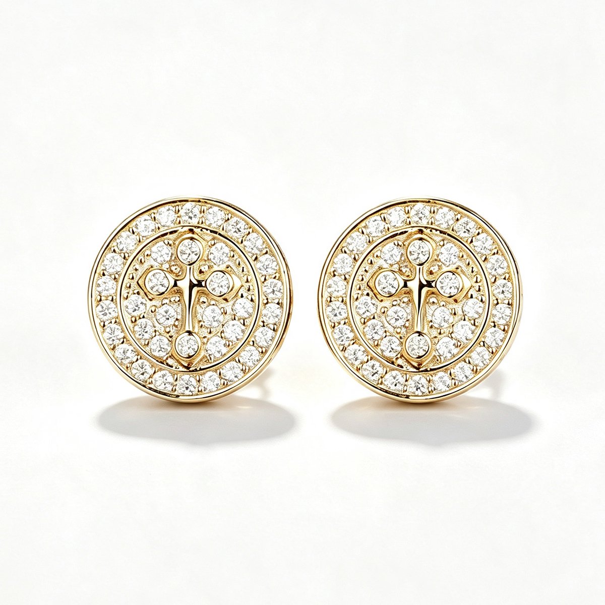 Moissanite Cross Medallion Stud Earrings – 0.18ct DEW Each