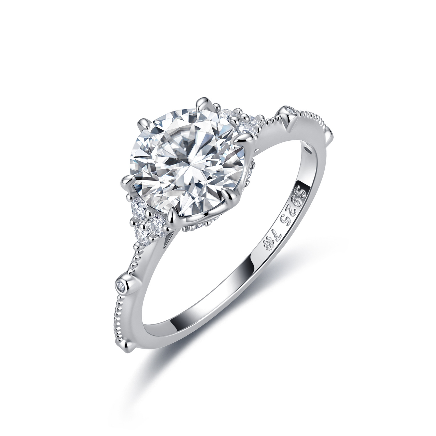 Round Moissanite Engagement Ring – 2ct DEW, Trio Side Accents