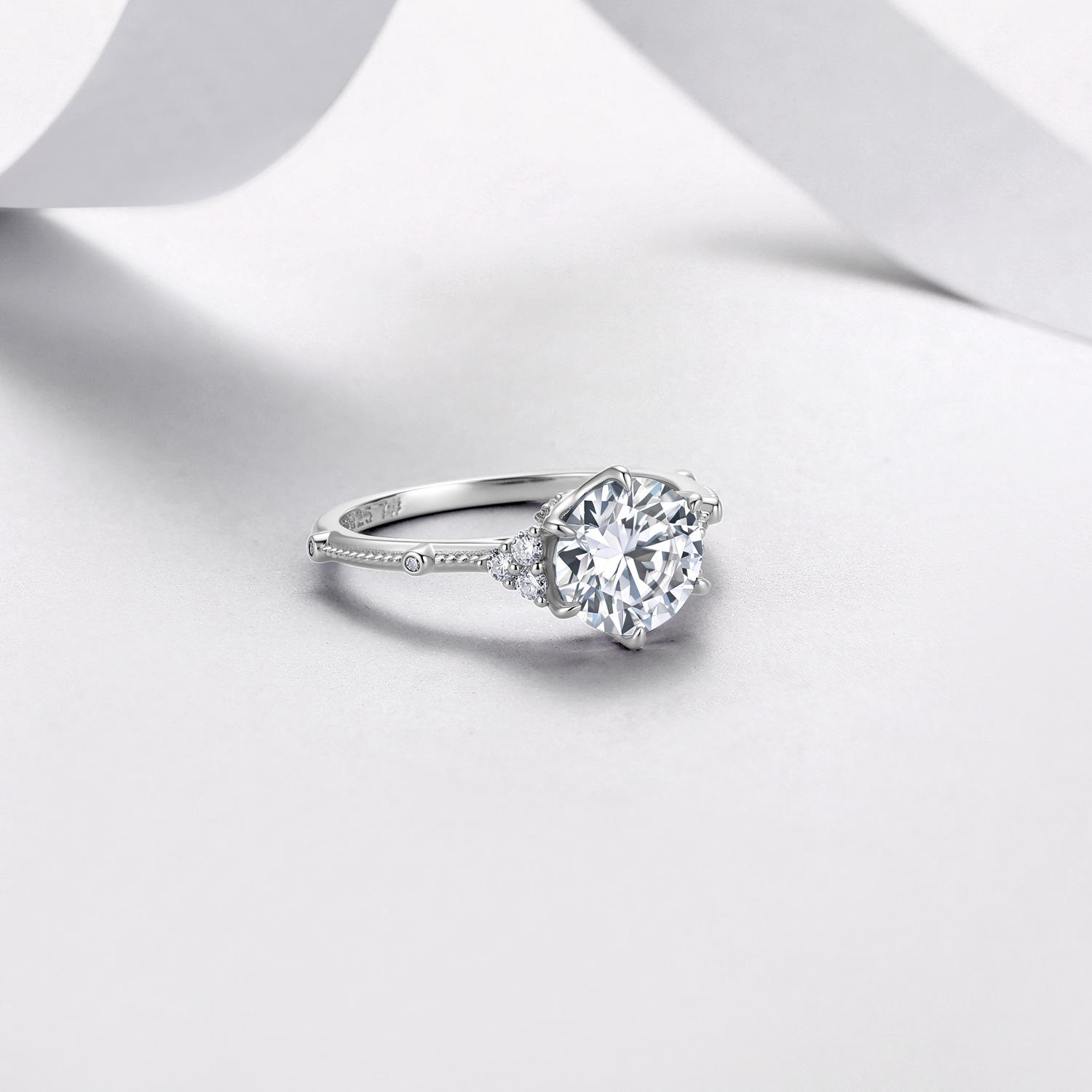 Round Moissanite Engagement Ring – 2ct DEW, Trio Side Accents - alternate view