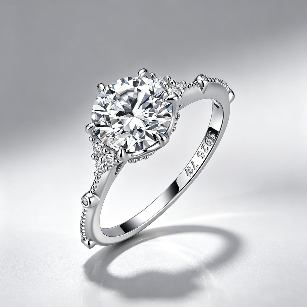 Round Moissanite Engagement Ring – 2ct DEW, Trio Side Accents - Image 3