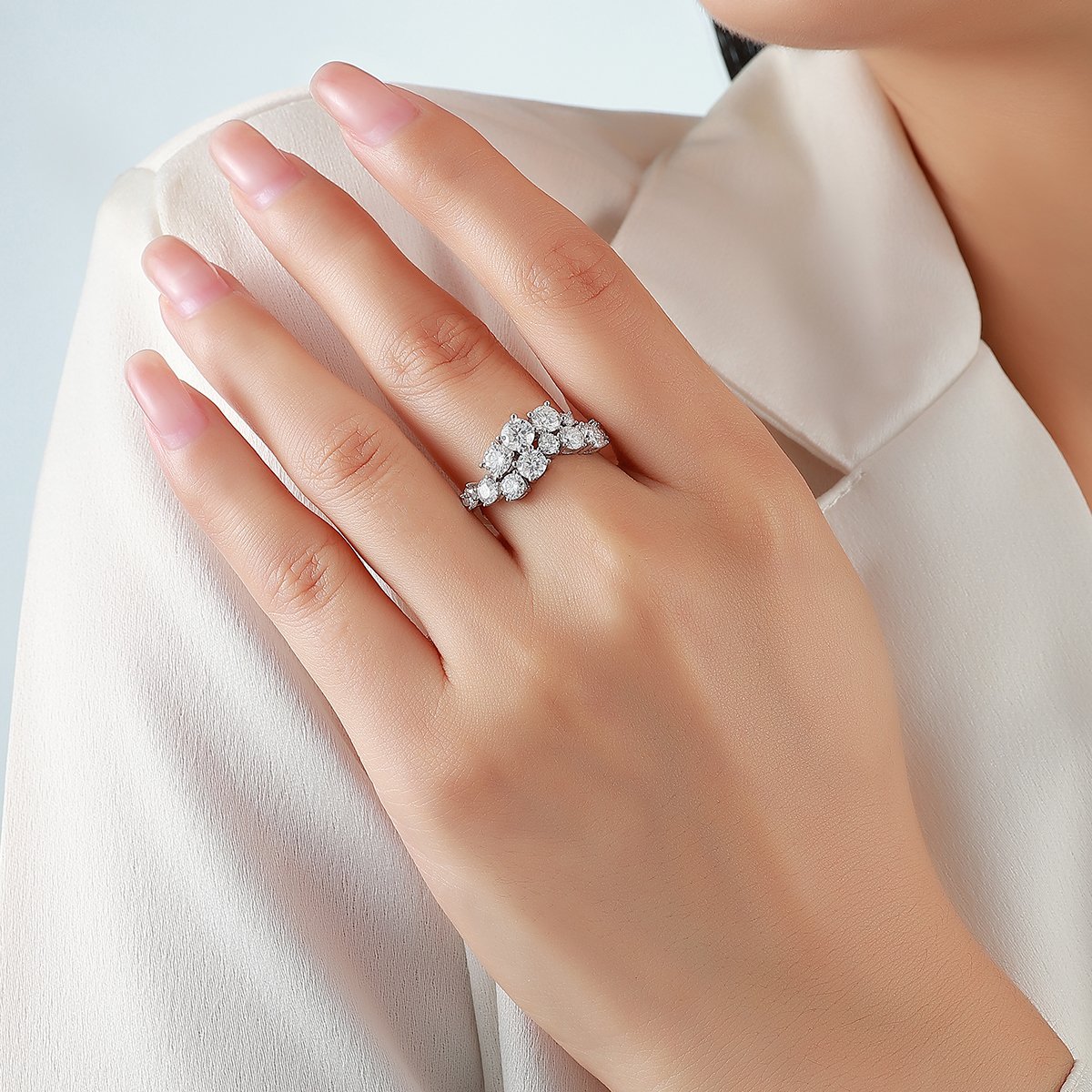 Round Moissanite Asymmetric Cluster Ring – 2.2ct DEW - Image 4