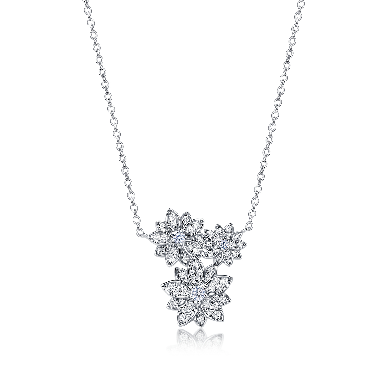 Pavé Moissanite Three-Flower Cluster Necklace – 0.9ct DEW