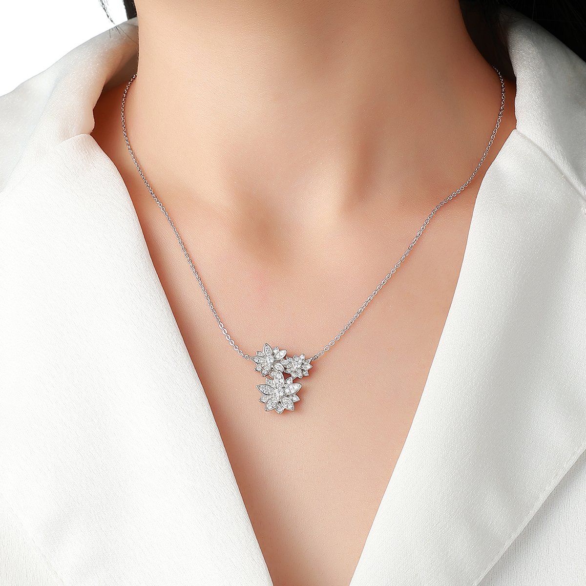 Pavé Moissanite Three-Flower Cluster Necklace – 0.9ct DEW - Image 5