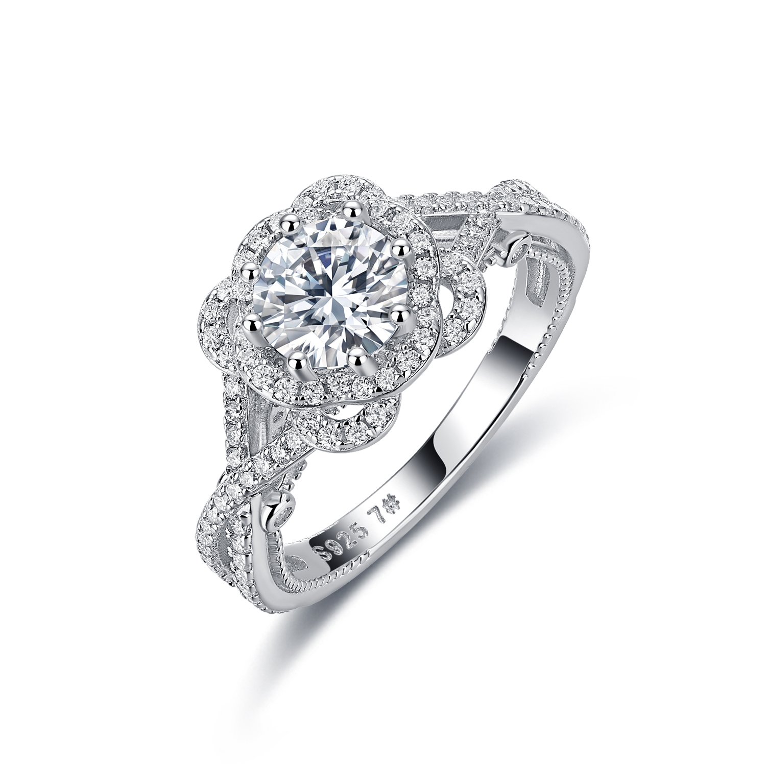 Round Moissanite Floral Halo Ring – 1ct DEW Centre, Twisted Pavé