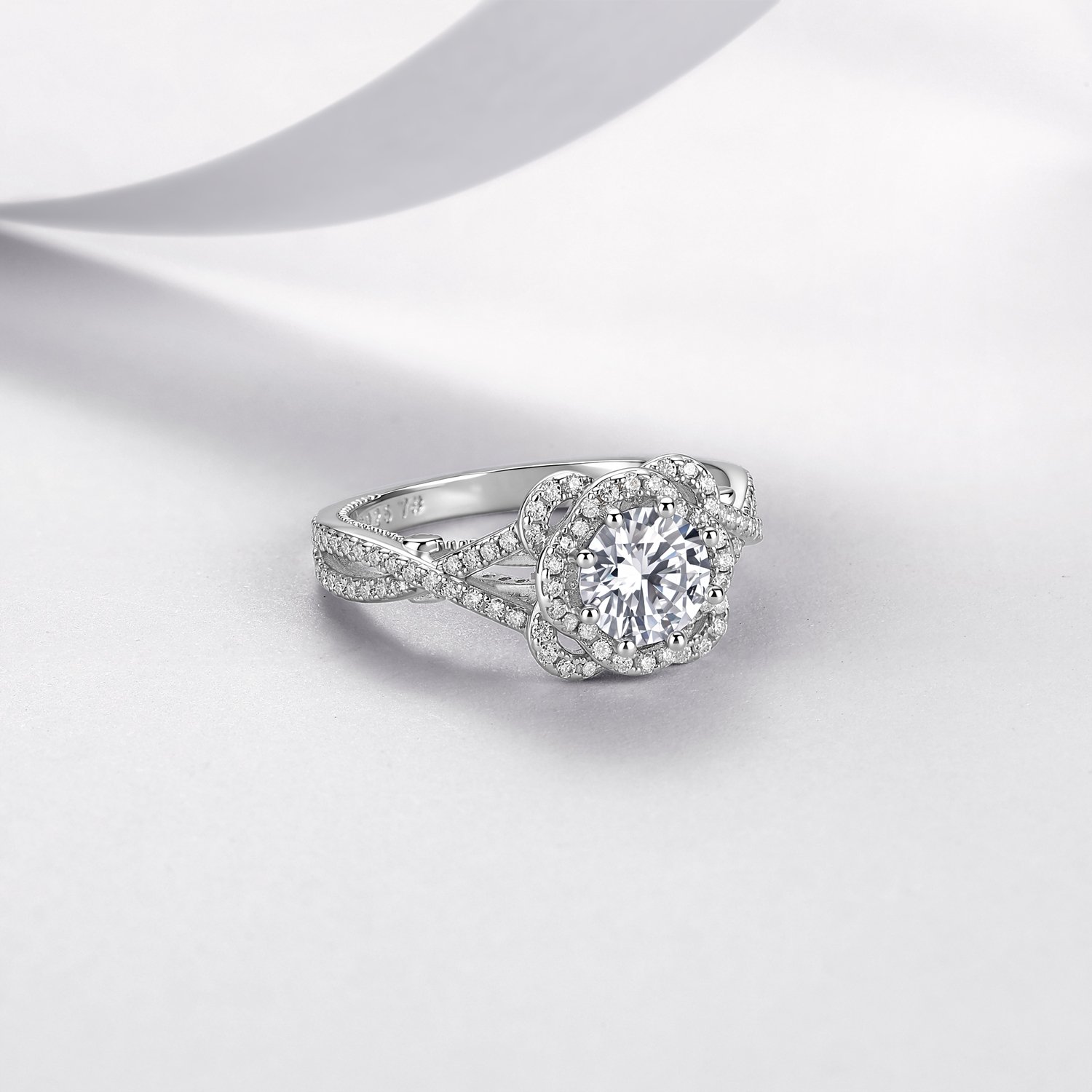 Round Moissanite Floral Halo Ring – 1ct DEW Centre, Twisted Pavé - alternate view