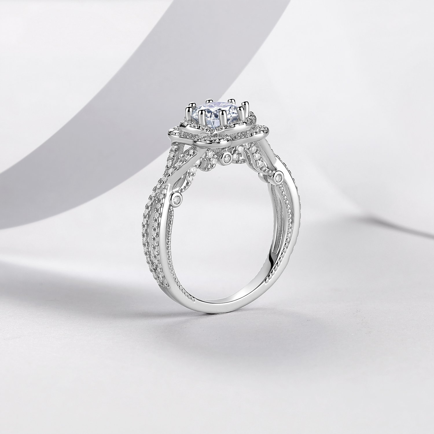 Round Moissanite Floral Halo Ring – 1ct DEW Centre, Twisted Pavé - Image 3