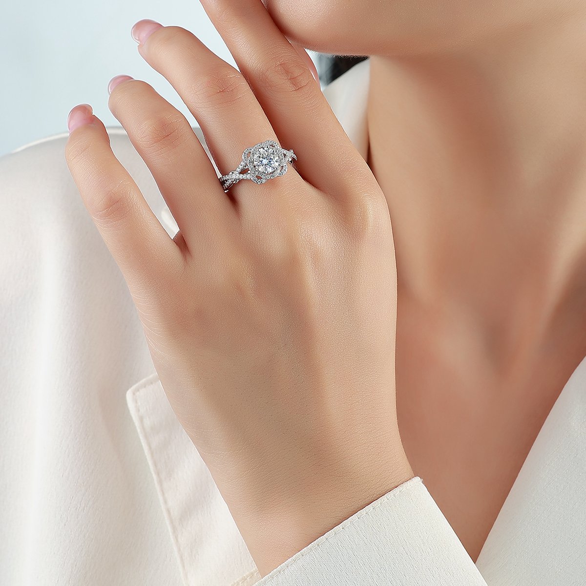 Round Moissanite Floral Halo Ring – 1ct DEW Centre, Twisted Pavé - Image 4