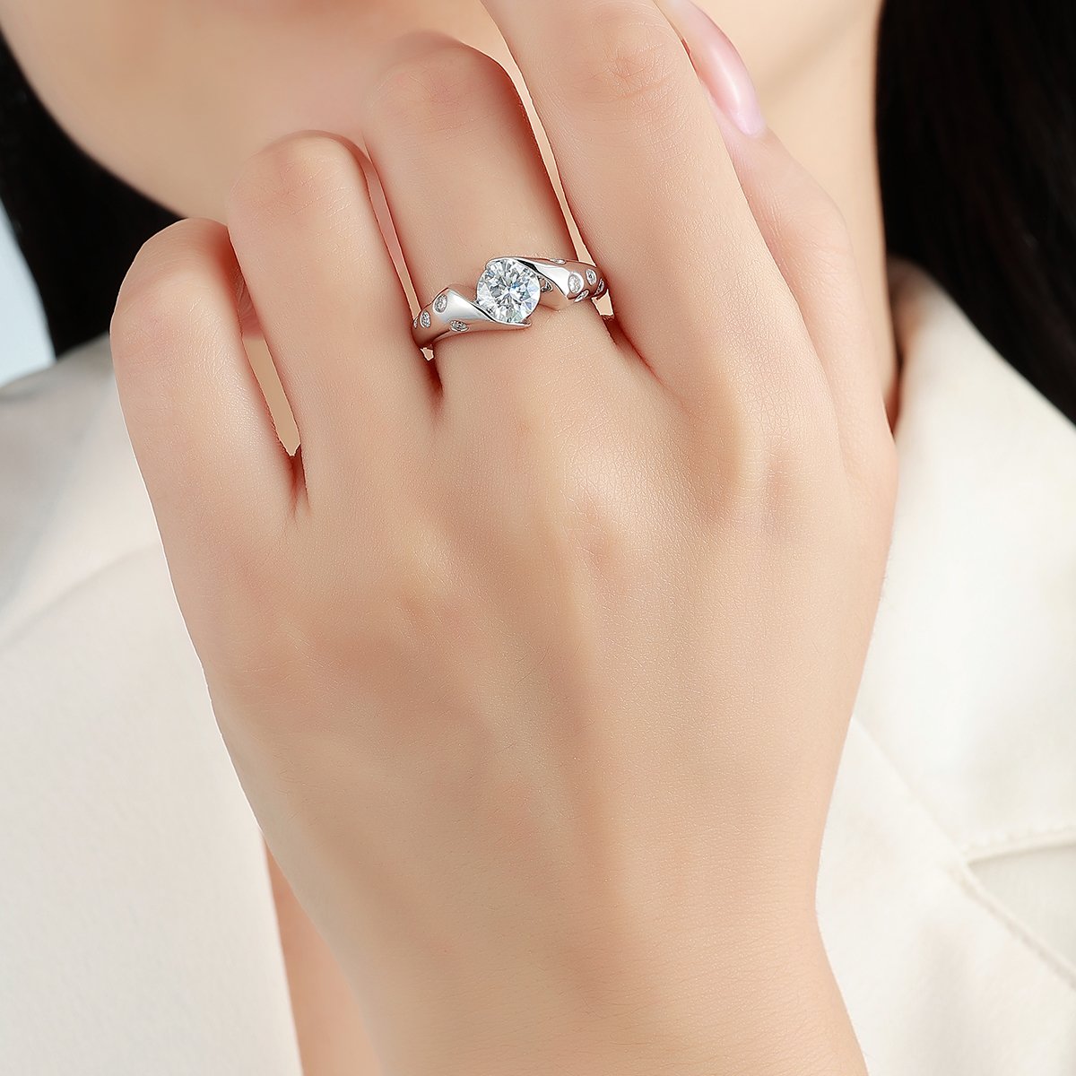 Round Moissanite Bypass Ring – 1.3ct DEW, Flush-Set Accents - Image 4