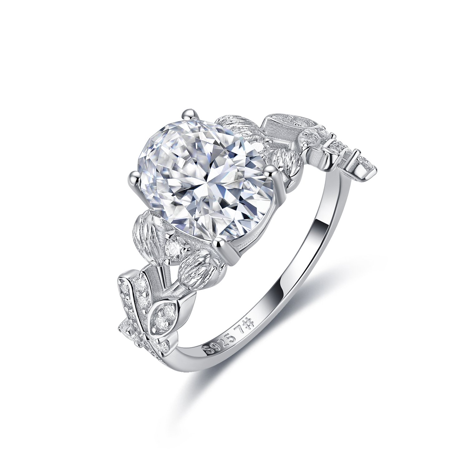 Oval Moissanite Garden Leaf Engagement Ring – 3.3ct DEW
