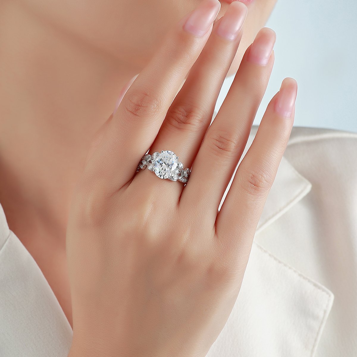 Oval Moissanite Garden Leaf Engagement Ring – 3.3ct DEW - Image 4