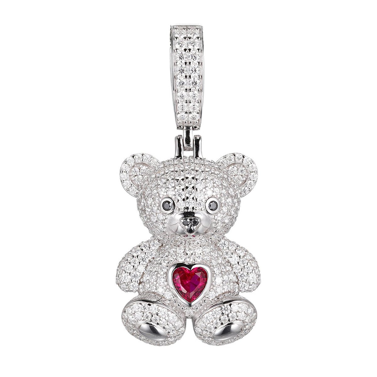 Moissanite Teddy Bear Pendant – Red Heart, 2.84ct DEW