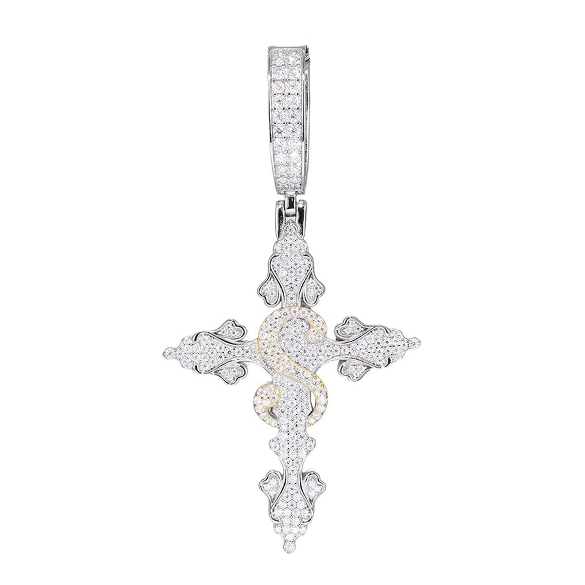 Moissanite Two-Tone Scroll Cross Pendant – 1.47ct DEW